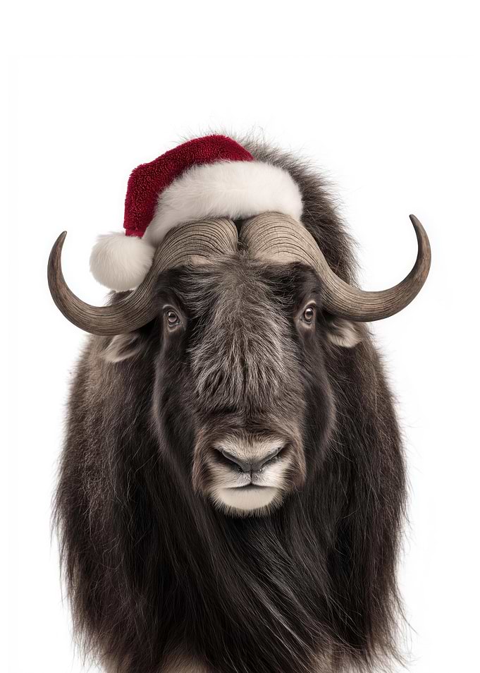 Muskox wearing a Santa hat