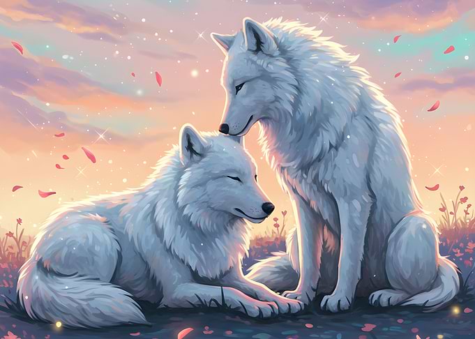 Two White Wolves in Pastel Landscape