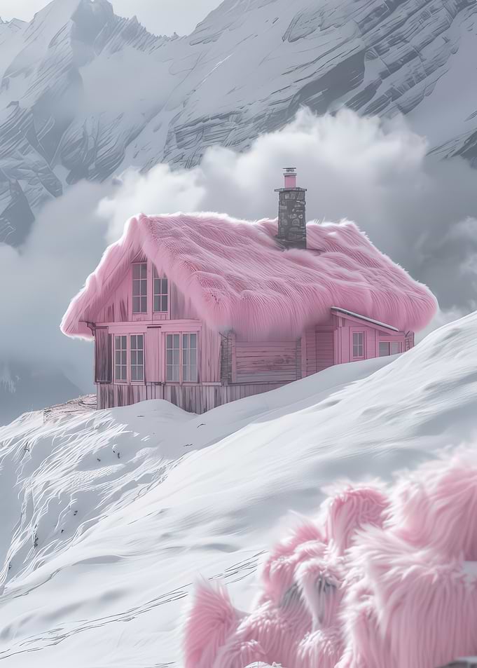 Pink Furry Cabin in Snowy Mountains
