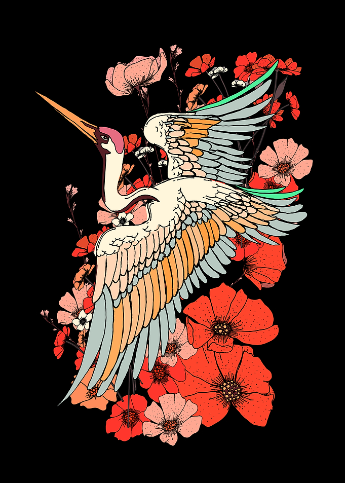 Crane and Floral Illustration on Black