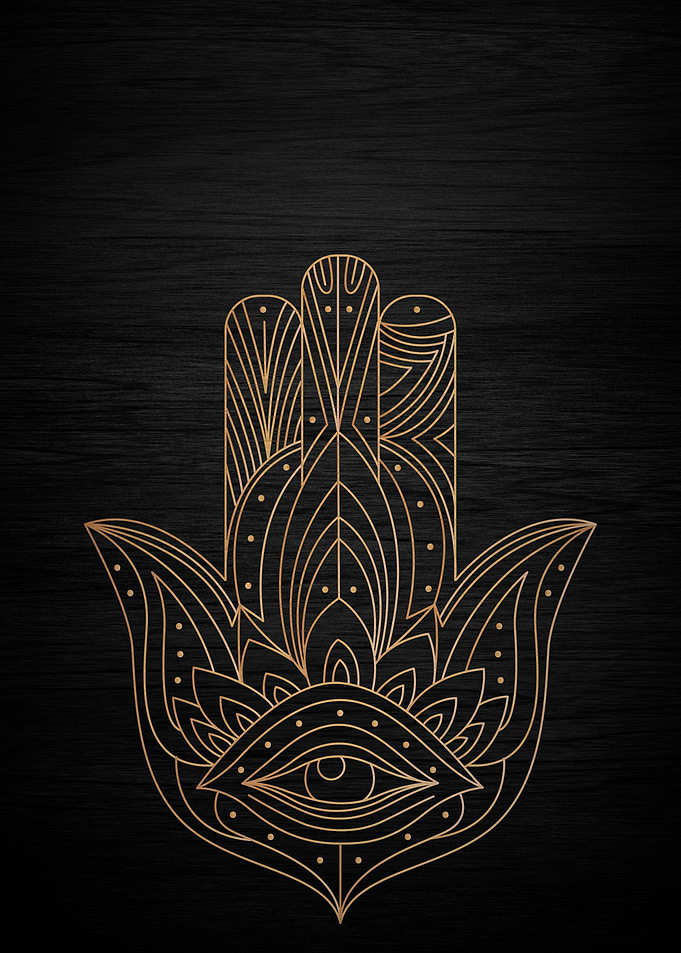 Golden Hamsa Hand on Black Wood