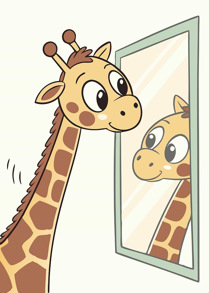 Cartoon Giraffe Looking in Mirror