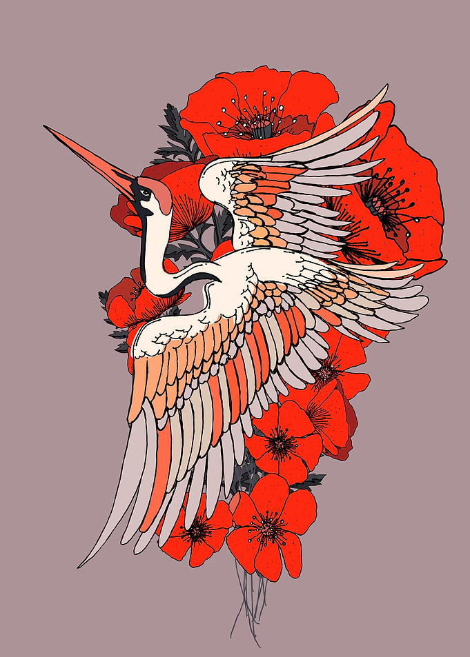 Crane and Poppies Illustration