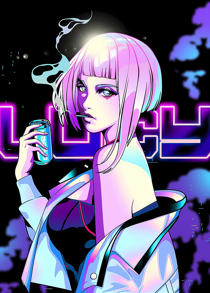 Cyberpunk Girl with Drink and Cigarette