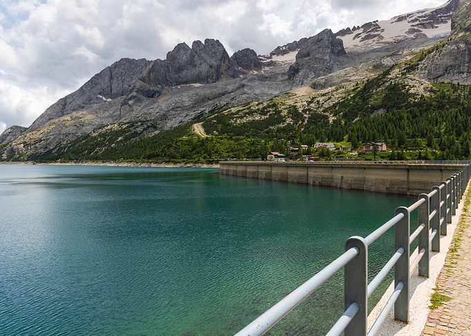 Fedaia Lake and Marmolada Mountain Landscape