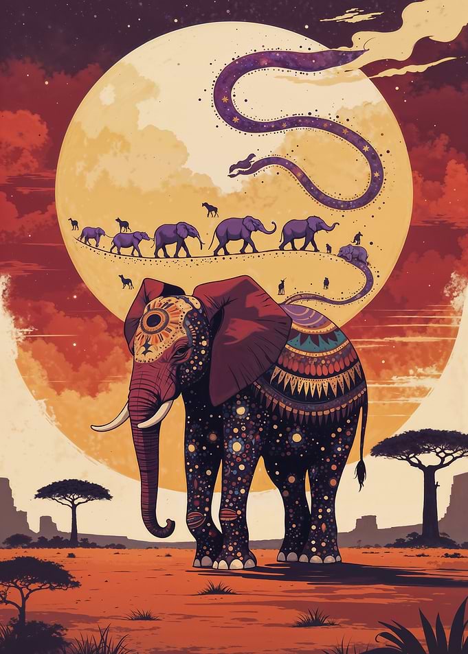 Elephant and Snake on African Plain