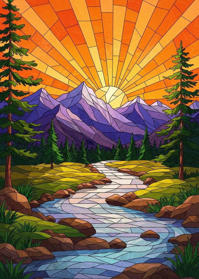 Stained Glass Mountain Landscape