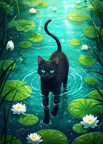 Black Cat in Lily Pond