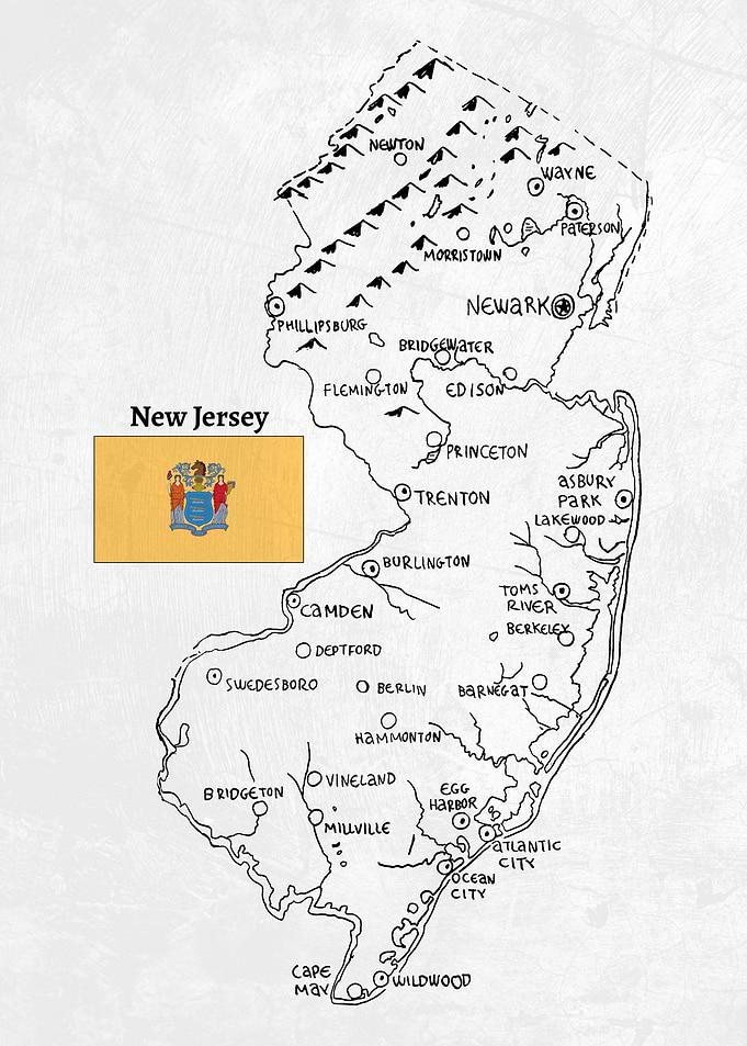 Hand Drawn map of New Jersey
