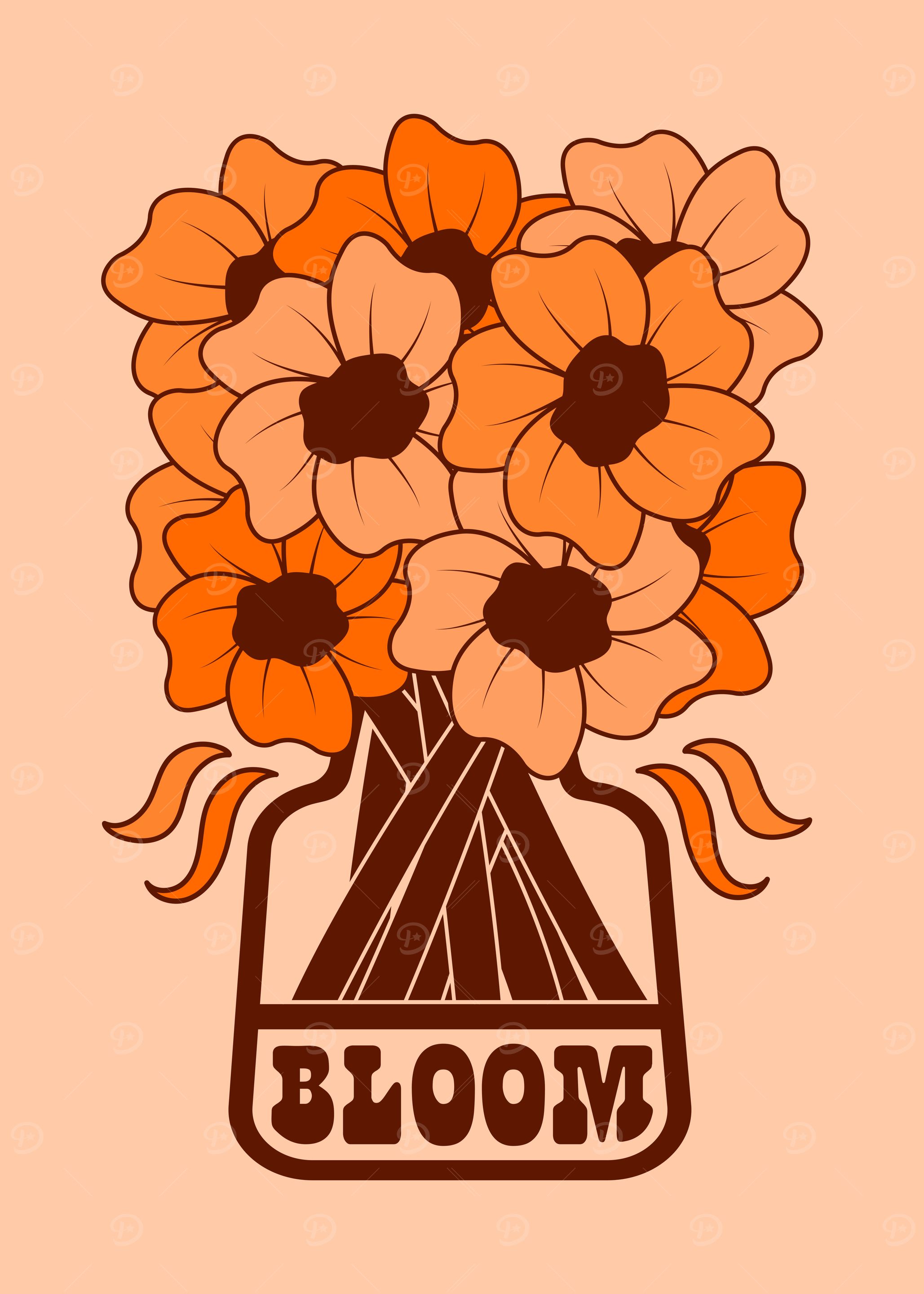 Orange Floral Bloom Illustration, wall art 70s retro print