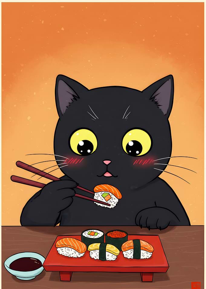 Black Cat Eating Sushi Illustration