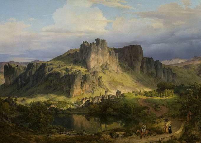 Romantic Landscape Painting with Mountain and Lake
