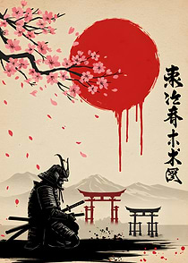 Samurai with Cherry Blossoms and Rising Sun