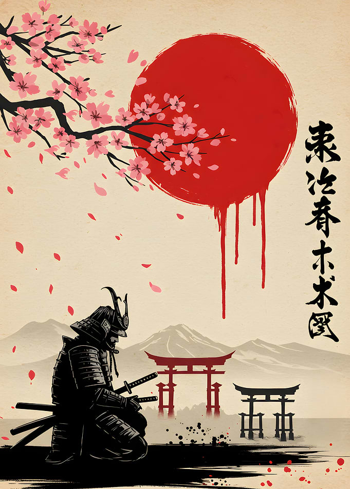 Samurai with Cherry Blossoms and Rising Sun