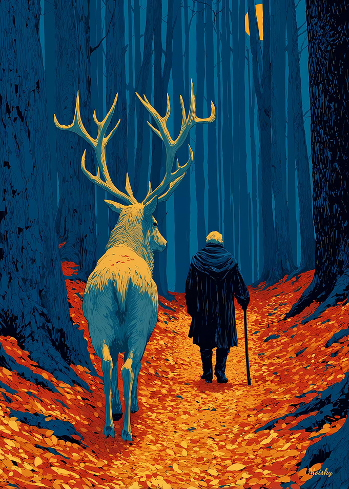 The One Who Carried Autumn – Elder and Stag on the Crimson Path