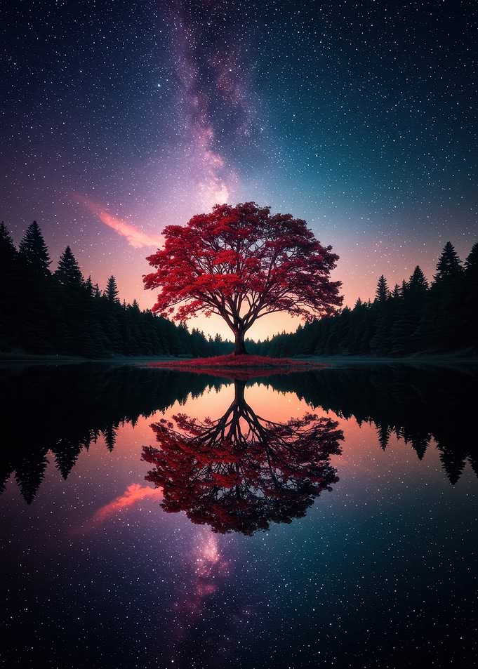 Red Tree Reflection Under Starry Sky