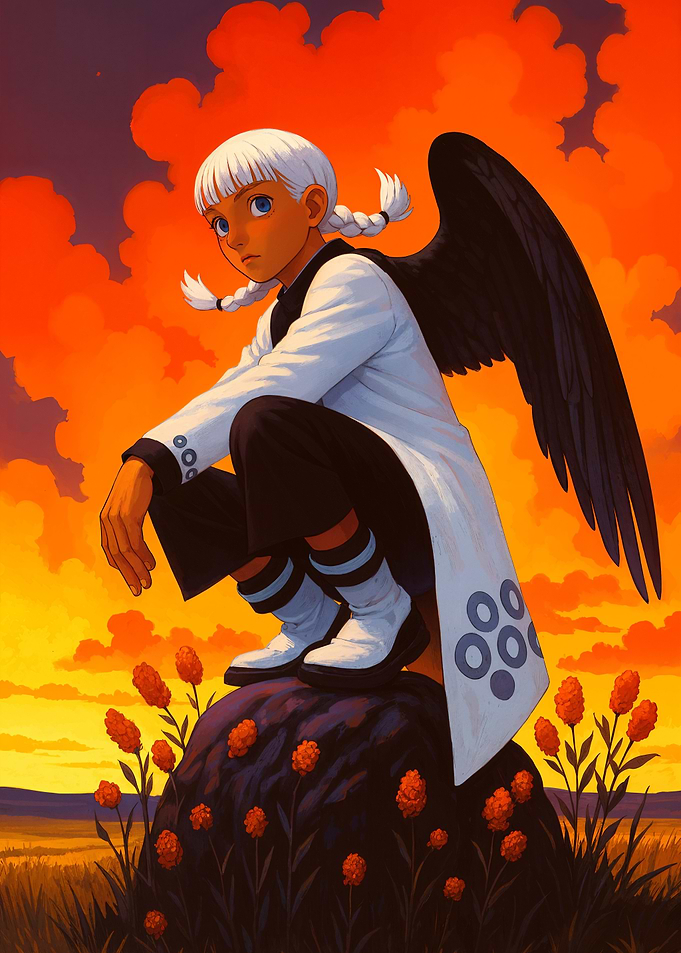 Winged Figure on Hill at Sunset