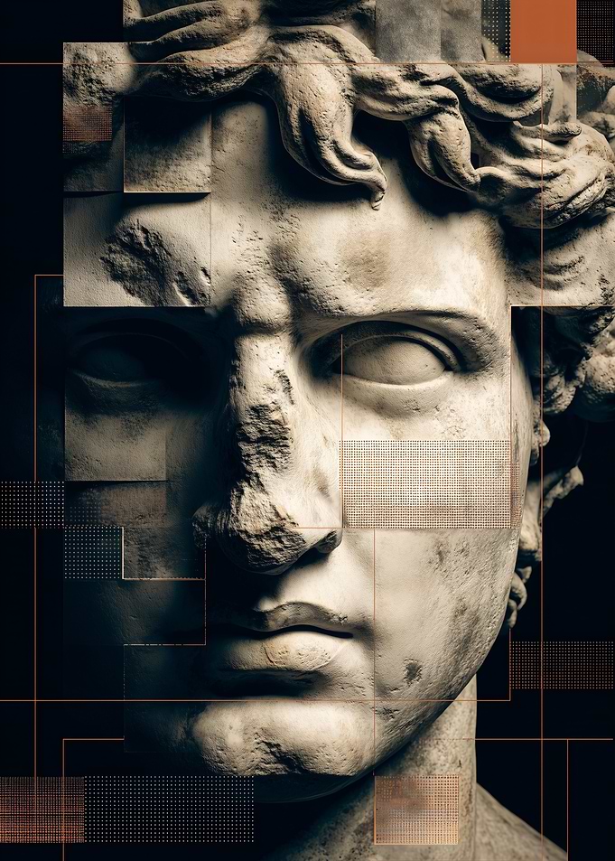 Fragmented Sculpture Portrait with Geometric Overlay