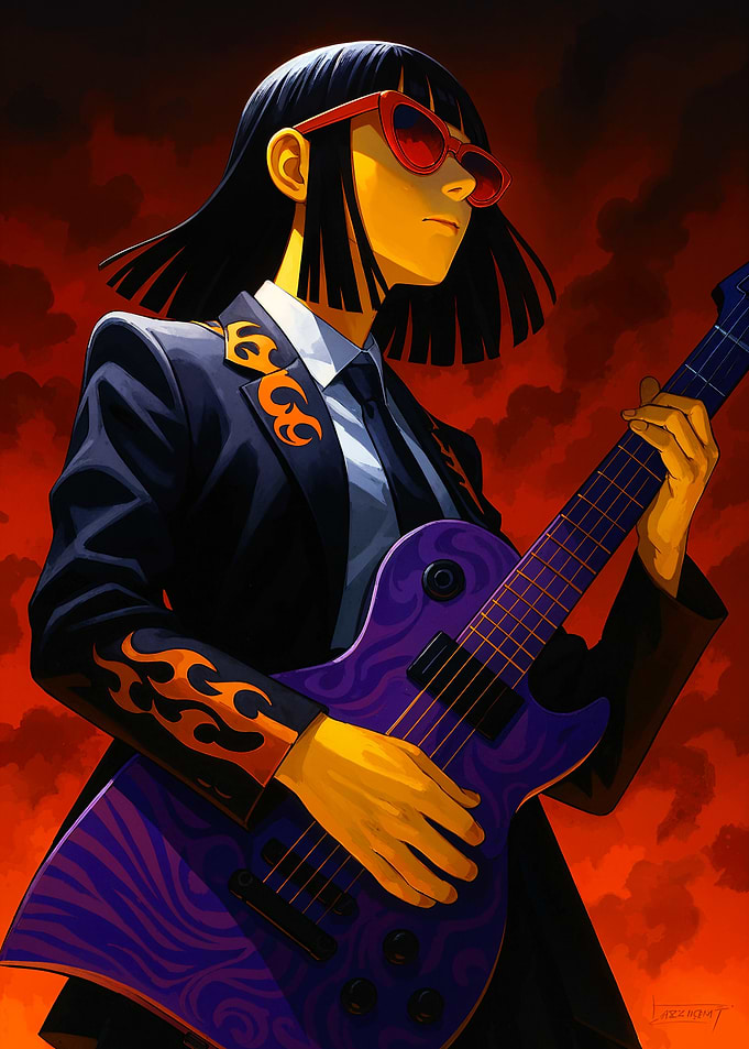 Cool Guitarist in Suit with Flames