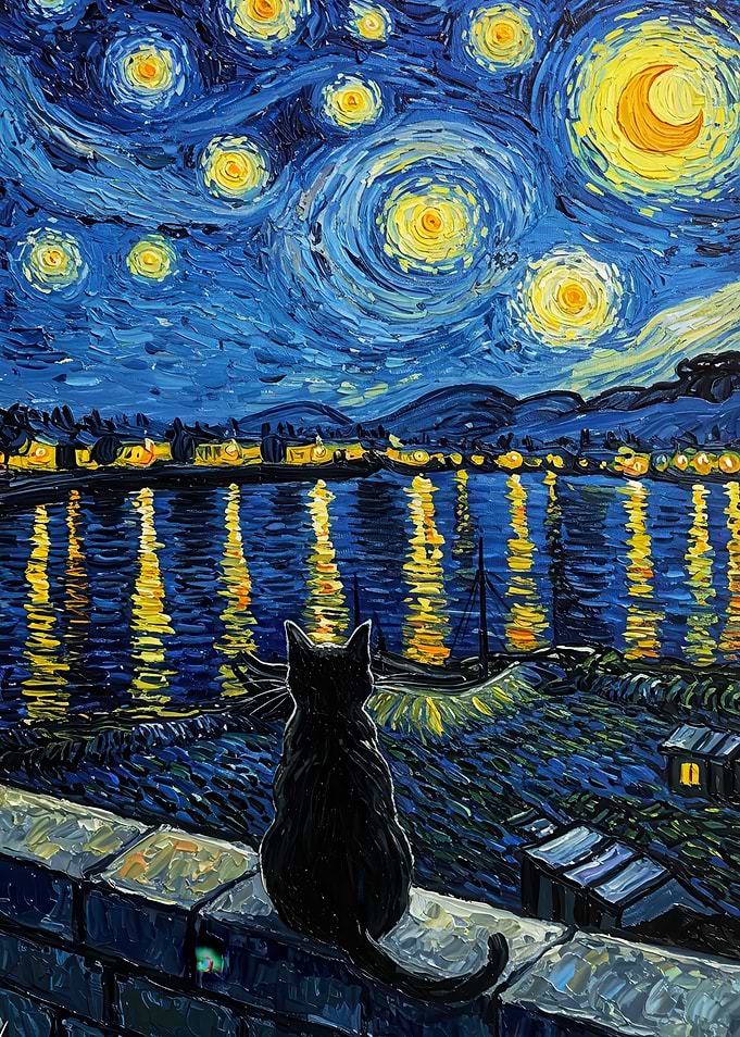 Black Cat Starry Night Painting