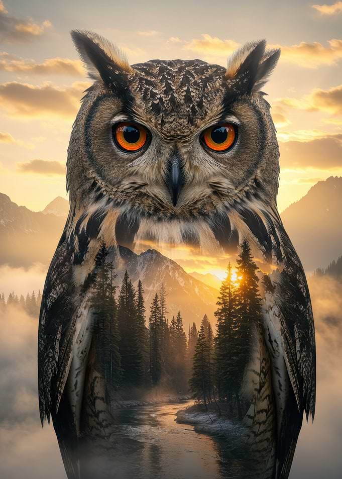 Owl and Mountain Landscape Double Exposure