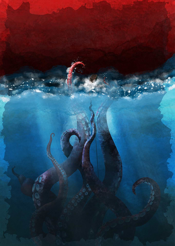 Kraken attacking ship in stormy sea