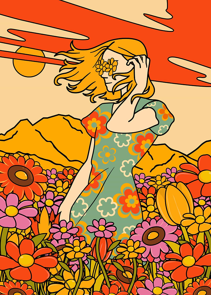Retro Floral Woman in Field, floral woman