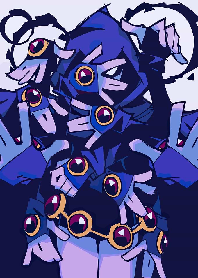 Abstract Blue Character with Multiple Faces