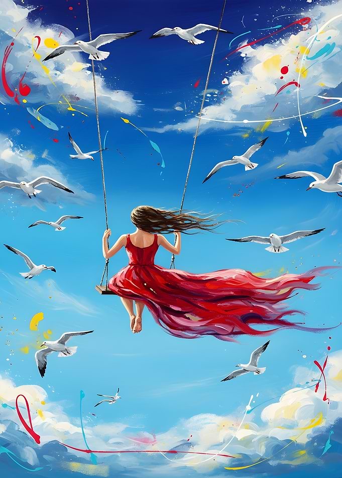 Girl on Swing with Seagulls