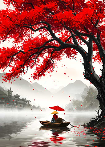 Japanese Lake Scene with Red Tree