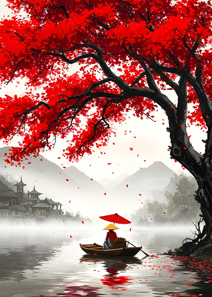 Japanese Lake Scene with Red Tree
