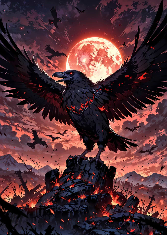 Blood Moon Raven in a Dark Fantasy Landscape