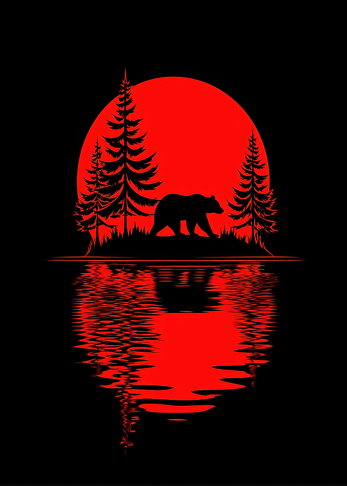 Bear Silhouette with Red Sun Reflection
