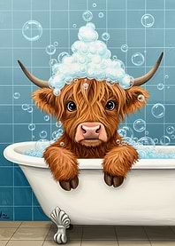 Highland Cow in Bathtub with Bubbles
