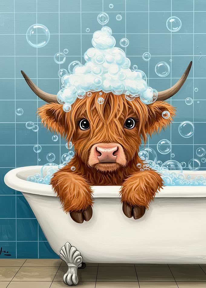 Highland Cow in Bathtub with Bubbles
