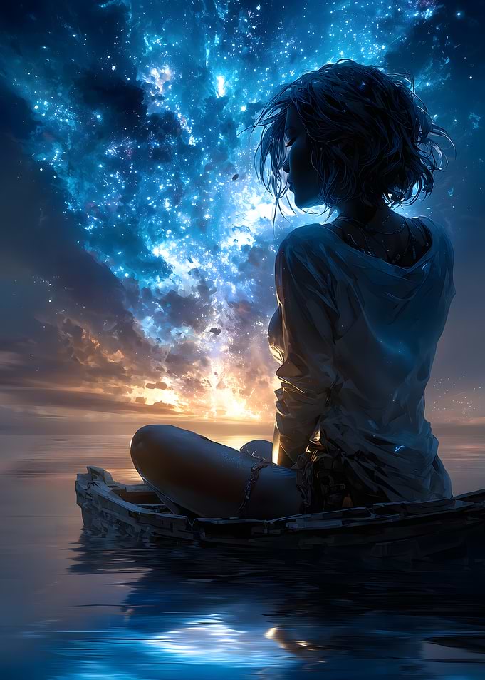 Woman in Boat Gazing at Stars
