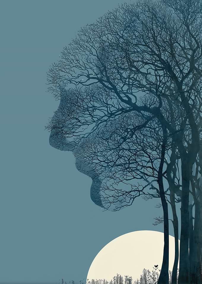 Tree Silhouette Face with Moon