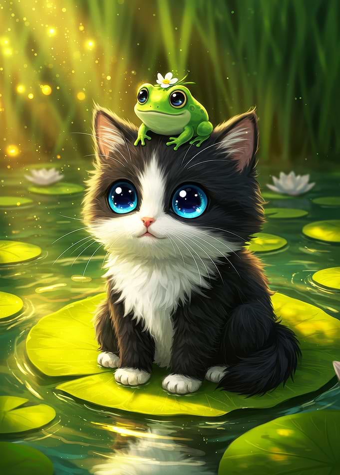 Cute Kitten and Frog on Lilypad