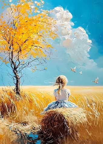 Girl on Hay Bale in Field