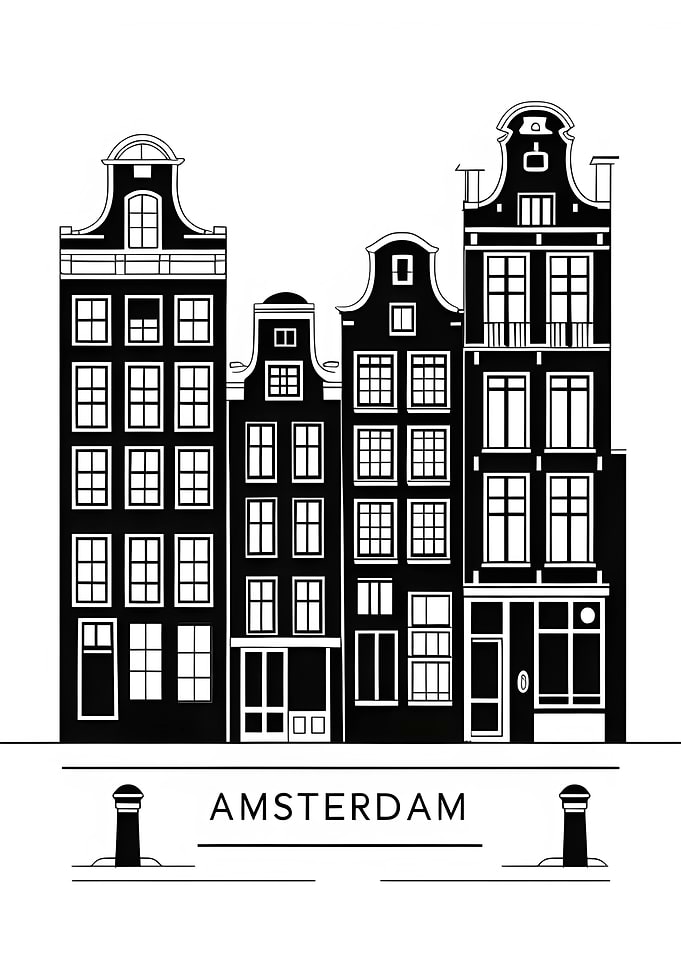 Amsterdam Buildings Black and White Illustration