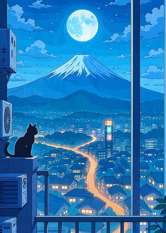 Cat gazing at Mount Fuji at night