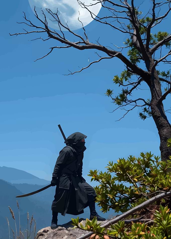 Ninja on Mountain Peak Under Moonlight