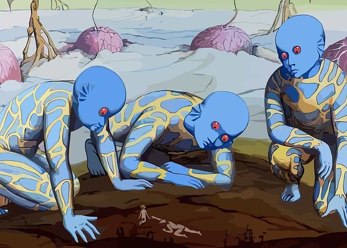 Blue Aliens Examining Tiny Humans