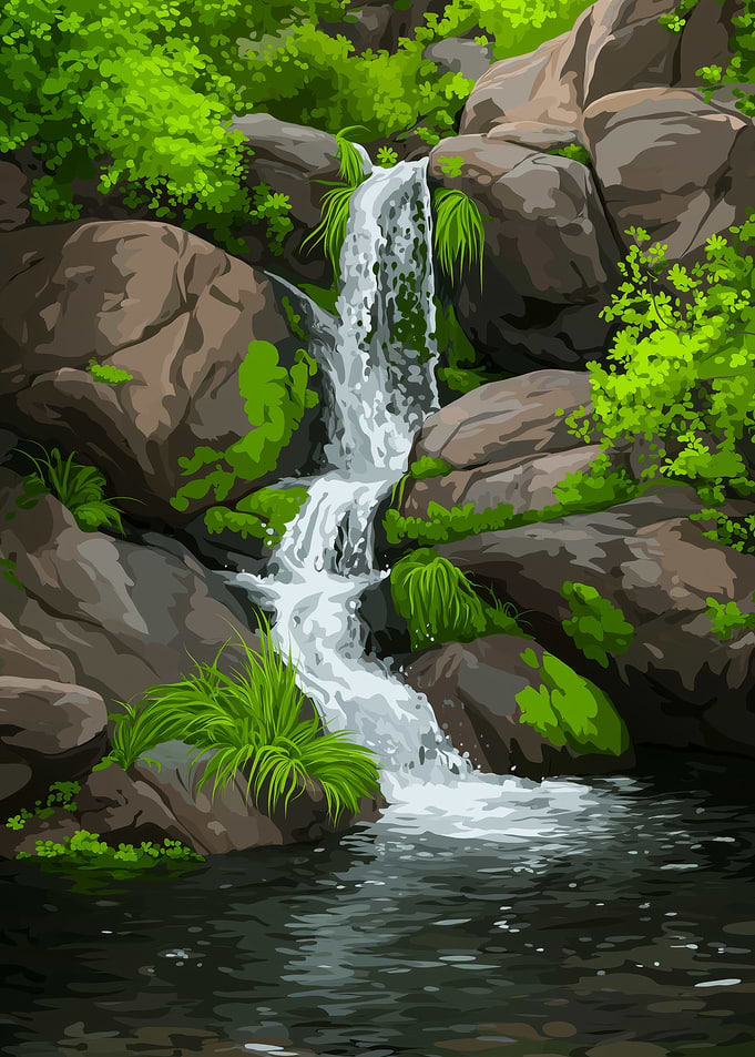 Waterfall in Lush Greenery Landscape