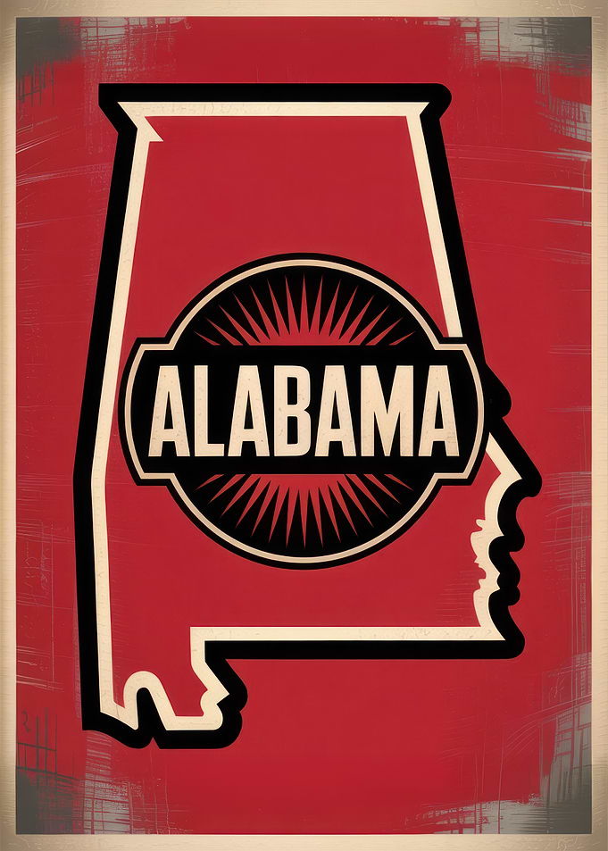 Alabama State Silhouette Poster - Alabama Outline Retro Vintage Red Style