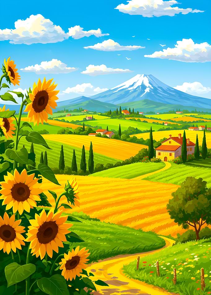 Sunflower Field with Mountain View