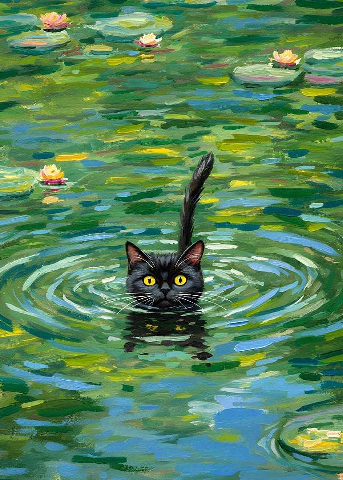 Black Cat Swimming in Lily Pond