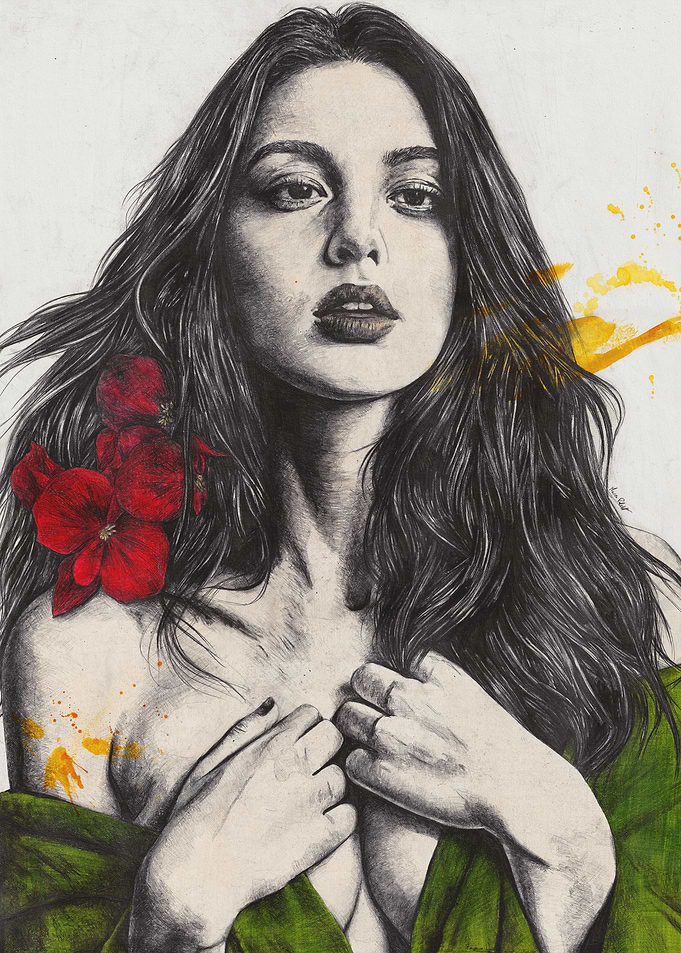 Woman with Flowers and Green Cloth