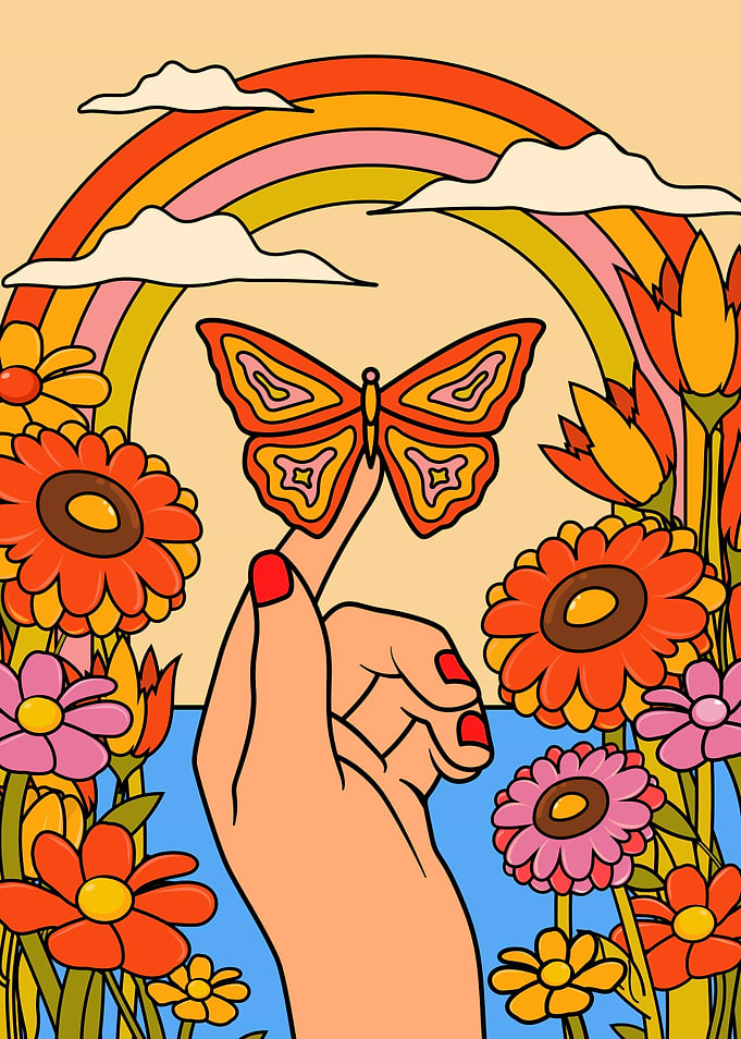 Retro Butterfly on Finger with Rainbow