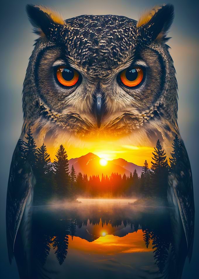 Owl and Landscape Double Exposure